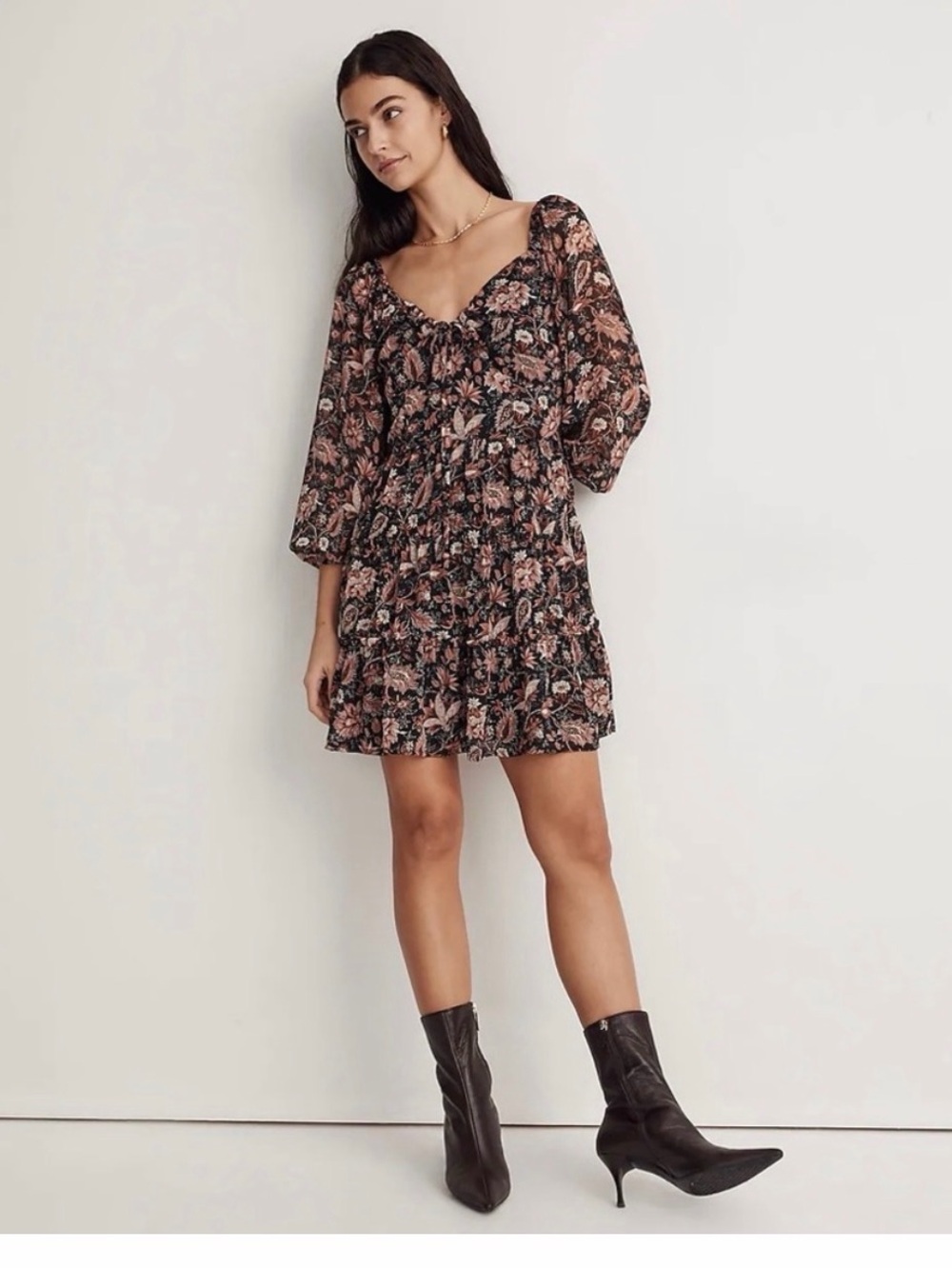 Madewell Black Floral Tiered Mini Dress with Blush Accents